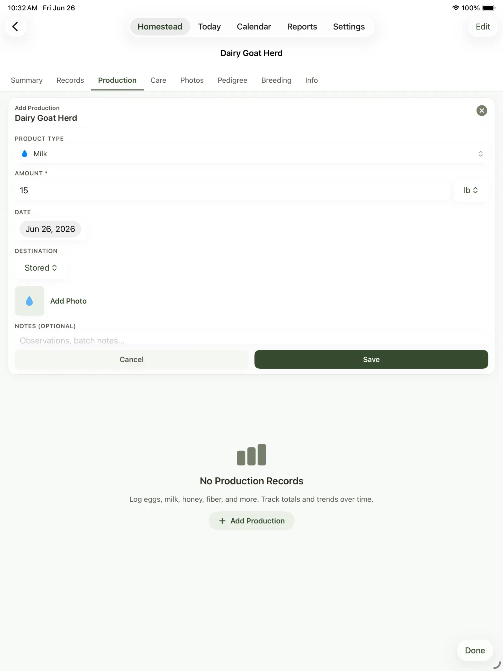 Add production form for a dairy goat herd with date, amount, unit, and notes fields.